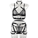 Znbbw Sensual Lingerie Halter Cross Bra And Panty Set Transparent Lace Fancy Underwear 4-Piece Sheer Black Erotic Intimate