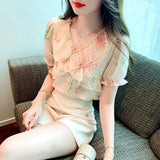 Znbbw Summer Women Tops Ruffles V-Neck Print Chiffon Blouse Shirt Blusas Mujer De Moda 2023 Verano Short Sleeve Blouse Women G688