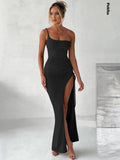 znbbw One Shoulder Strap Thigh High Split Maxi Dress For Women Robe Sleeveless Backless Bodycon Sexy Club Party Long Dress