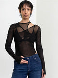 Znbbw Solid Color Bodysuit See-Through Sexy Hollow Design Women Top Jumpsuits Slim Fit For High Street Clubwear Female