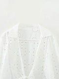 Znbbw TRAF Spring Summer Blouse Women White Casual Temperament All-match Embroidery Hollow Knot Shirt Women