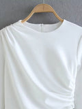 Znbbw TRAF Women Solid Pleated Mini Dress Female Long Sleeve O-Neck Nipped Waist Bodycon Dresses Summer Lady Office Dress