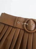 Znbbw ZBZA Women 2023 Pu Leather Mini Skirt with Belt Women High Waist Pleated Skirts womens Casual Streetwear Party 202309