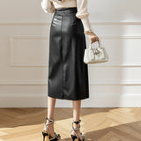 Znbbw Autumn Winter PU Leather Skirts For Women Elegant High Waist Wrap Hip Pencil Skirts Office Lady A-Line Midi Skirts