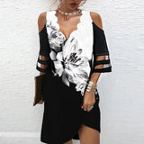 Znbbw Women's Summer Dress Vintage Patchwork Floral Print Beach Dress Short Sleeve Loose Casual V Neck Off Shoulder Dresses for Women