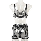 Znbbw Fishnet Lingerie Transparent Sensual Exotic Sets See Through Bra Kit Push Up 3-Piece Sissy Garter Belt Black Intimate