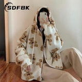 Znbbw Women Fleece Hooded Jackets Bear Cartoon Winter Y2K Fashion Streetwear Hoodie Warm Loose Outerwear Zip Up Couple Sweatshirt