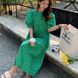 Znbbw Casual Vestidos Floral Dresses Ladies Short Sleeve Retro Print Long Dress Female 2023 M-4XL Loose Green Women Dress 15686