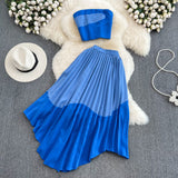 Znbbw Women Summer Dress Fashion Suit Spicy Girl Strapless Bra Top Two-piece High Waist Draped Irregular Pleated Dress D3068