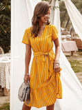 Znbbw Dresses Women 2023 Elegant V-neck Casual A-Line Midi Dress Vintage Pink Yellow Striped Sashes Lace-up Sundress Veatidos