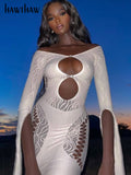 Znbbw Women Sexy Slash Neck Hollow Out Party Club Evening Long Sleeve Bodycon White Mini Dress 2023 Summer Clothes Streetwear