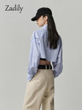 znbbw 2023 Summer Streetwear Long Sleeve Striped Women Cropped Shirt Button Stand Neck Embroidery Ladies Blouse Female Clothing