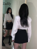 znbbw 2023 Summer Y2K Long Shirt Women White Crop Shirt Korea Style Sexy Button Up Asymmetrical Woman Blouse Female Clothing