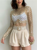 Znbbw Embroidered Flares Glitter Sexy T-shirt Women O Neck Full Sleeve Crop Top Ladies Mesh Shiny Slim Party T-shirts Tops