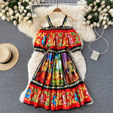 Znbbw 2023 Runway Summer Sexy Off Shoulder Cotton Dress Women's Elastic Waist Vintage Warrior Print Ruffles Dresses Vestdios