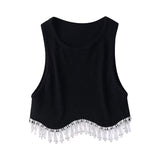 Znbbw Street Sexy Hem Tassel Diamond Beading Knitting T Shirt Chic Short Camis Tank Lady Slim Crop Vest Tops