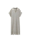 Znbbw TRAF 2023 France Knitting Striped Contrast V Neck Long Sleeve Dress Women Elegant Single-breasted Slim Long Dress