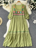 Znbbw ethnic style art loose thin embroidered square neck dress light familiar style short-sleeved A-line Vestidos Women D1543