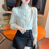 Znbbw Stand Collar Apricot Chiffon Blouse Shirt Women Tops Shirts Blusas Mujer De Moda 2023 Long Sleeve Blouse Women Blusa H16