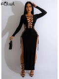 znbbw Summer Sexy Solid Long Dresses Party For Women 2023 Long Sleeve Hollow Out Bandage Side Slit Maxi Dresses Club Dresses