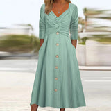 znbbw Harajuku Button Female Casual Dress Fashion Pocket Loose Dress Vestidos Women Cross V-Neck Long Sleeve Solid Color Dress