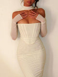 Znbbw Mesh Long Sleeve Long Dress Women Outfit White Club Party Midi Dresses Gown Female Fashion Elegant Bodycon Vestido