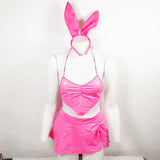 Znbbw Latex Lingerie Neon Pink Underwear Women 3-Piece Bunny Sexy PVC Outfit Sexy Nightclub Leather Erotic Costumes