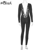 znbbw Winter Sparkling Black Bodycon Jumpsuits Women Sexy One Piece Club Outfits For Women Deep V Neck Long Sleeve Jumpsuit