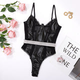 Znbbw Lace Bodysuit Transparent Bra Latex Patchwork One Piece Bodys Sexy Leather Top Bodycon Crotchless Night Club Outfit