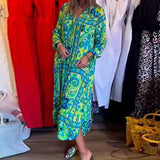 znbbw Button Party Maxi Beach Dress Summer Fashion New Loose Floral Print Green Dress Casual Long Sleeve V-Neck Boho Street Dress