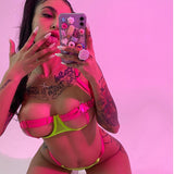 Znbbw Lingerie Sexy Hollow Out 4-Piece Exotic Costumes Sensual See Through Setup For Woman Neon Green Porn Sissy Outfits