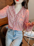 Znbbw Sleeve Print Chiffon Blouse Shirt Women Tops Blouses Shirts Blusas Mujer De Moda 2023 Ruffles V-Neck Blouse Women G173