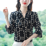 Znbbw Long Sleeve Blouse Blusas Mujer De Moda 2023 Ruffles Bow Collar Dot Black Chiffon Blouse Shirt Women Tops Blouses Blusa G576