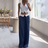 Znbbw Women Two Piece Set Summer Fashion Elegant Solid V Neck Sleeveless Top Casual Loose Wide Legs Pants Sets High Streetwear