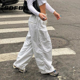 Znbbw Women Hippie Baggy Sweatpants White Low Waist Drawstring Vintage 90s Streetwear Y2k Trousers Loose Joggers Wide Leg Cargo Pants