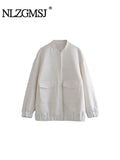 Znbbw TRAF Women Fashion With Pockets Oversized Bomber Jacket Coat Vintage Long Sleeve Female Outerwear Chic Tops