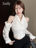 znbbw 2023 Summer Korea Style Long Sleeve Women White Shirt Sexy Button Off The Shoulder Ladies Crop Shirts Blouse Clothing Top