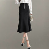 Znbbw Waist Black Midi Skirts For Women Elegant Ruffles Long Mermaid Skirt Fashion Office Lady OL Skirts Faldas Mujer 2023