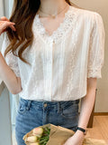 Znbbw Short Sleeve White Blouse Women Lace V-Neck Blouse Shirt Blusas Mujer De Moda 2023 Verano Women Tops Blouses Shirts F452