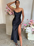 Znbbw Sexy Satin Spaghetti Strap Hight Split Long Dress Women Robe Elegant Sleeveless Backless Midi Dresses Vestido