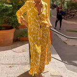 znbbw Casual Chic Print Yellow Outfits Streetwear Lapel Long Shirt Women Two Piece Set Retro Single-Breasted Shirts+Trousers Suit