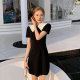 znbbw Dresses For Women French Vintage Peter Pan Collar Short Sleeve Contrast Color Summer Casual Fashion Preppy Style Clothes