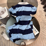 znbbw Women Blue Short Sleeve Split T-shirt Dress 2023 Summer Loose Mid-length Over-knee Stripe Splicing Lace Neck One Piece Dress