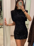 Znbbw Sequin Mini Dress For Women Elegant O Neck Fly Sleeve Shiny Short Robe Female Y2k Chic Christmas Evening Party Vestidos