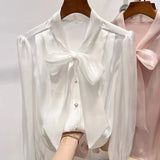 Znbbw Fashion Bow Collar Pink White Chiffon Blouse Shirt Women Tops Shirts Blusas Mujer De Moda 2023 Long Sleeve Blouse Women G795