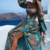 znbbw Fashion Boho Print Maxi Beach Dress 2023 Women Off Shoulder Long Sleeve Dress Sexy Skinny Slash Neck Party Dress Vestidos