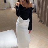 Znbbw 2 Piece Set Women Fashion Sexy Solid Long Sleeve Off Shoulder Tube Top A-Line Slit Irregular Slim Long Skirt Sets