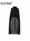 Znbbw TRAF Women Fashion Turtleneck Collar Asymmetrical Chiffon Smock Blouse Female Tulle Cape Shirt Blusas Chic Cloak Tops