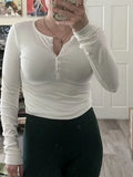 Znbbw Ribbed Basic Tees Shirts Long Sleeve Ruched Casual T-Shirts Women Knitted Buttons Up O Neck Slim Fit Tops Y2K