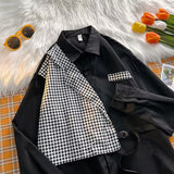 Znbbw Long Sleeve Shirt Women British BF Top Streetwear Fake Two Piece Blouse Houndstooth Unisex Spring Summer Preppy Shirts